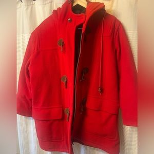 Vintage LL BEAN Wool Duffel Coat Toggle Jacket w/Hood Womens Red with Plaid